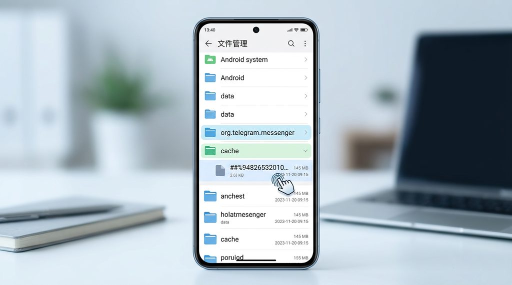 手机文件管理器界面,展示安卓系统下的缓存文件夹结构,光标悬停在数据文件上