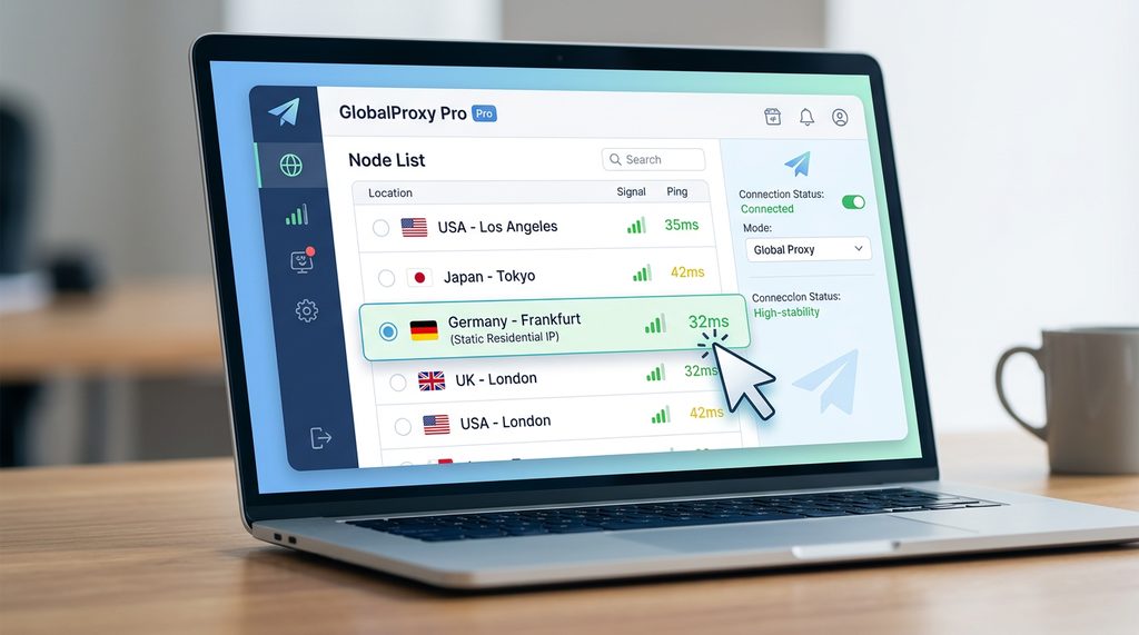 一张简洁的电脑屏幕截图，展示了代理工具的节点选择界面，光标正指向一个稳定的延迟较低的节点