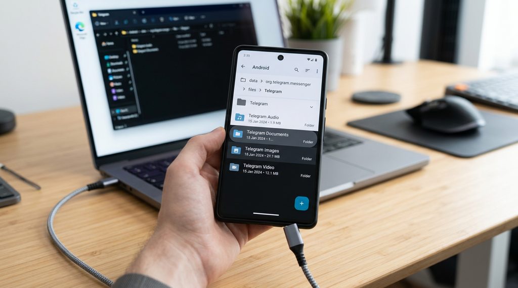 一部安卓手机连接电脑,在文件管理器中展示纸飞机文件夹结构的特写,光线清晰,强调文件夹层级