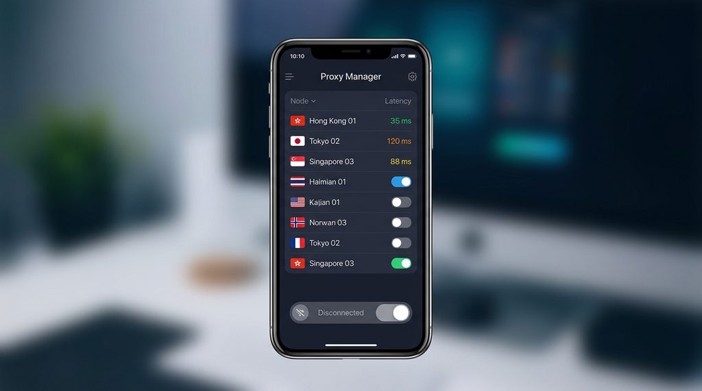 一张现代风格的手机截屏，展示网络代理软件中的节点切换界面，清晰显示延迟数值和连接开关