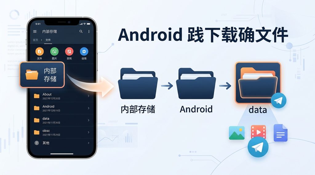 安卓手机文件管理界面，展示从内部存储进入 Android 文件夹的层级结构，简洁明了的示意图