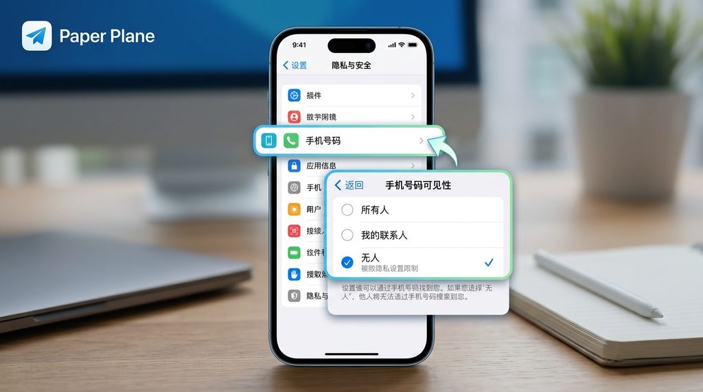 手机屏幕展示纸飞机隐私设置页面,重点标注手机号码可见性选项的截图,简洁现代风格