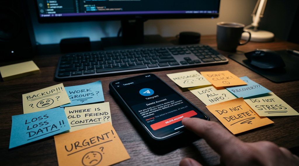 一个深色背景的智能手机屏幕,显示Telegram注销确认页面的特写,旁边散落着焦虑的便利贴