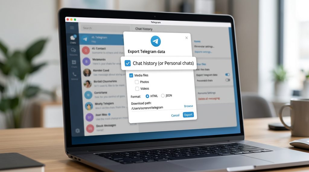 电脑屏幕上展示Telegram导出数据设置界面,勾选聊天记录选项的特写