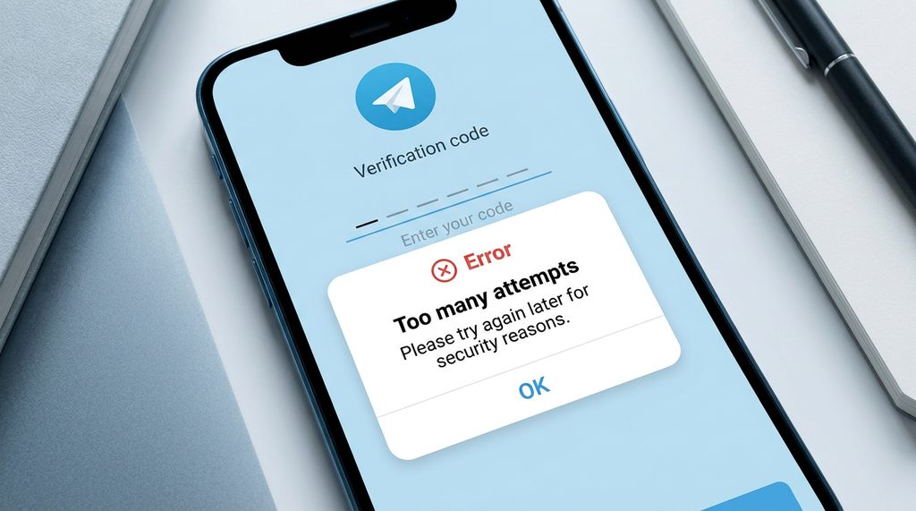 手机屏幕显示纸飞机验证码输入界面，弹窗显示“Too many attempts”错误提示，UI风格简