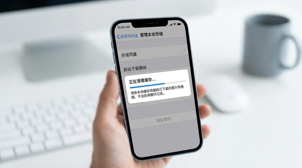 手机设置界面中，“数据与存储”选项下的缓存管理页面，展示了清理缓存的进度条
