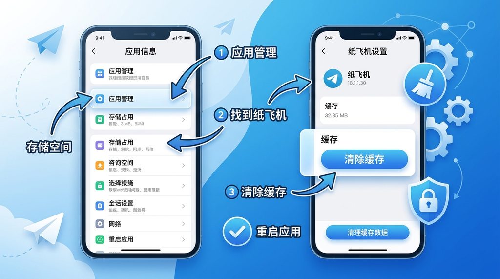 手机应用设置界面中“清除缓存”按钮的操作指示，标注了清理缓存的步骤建议