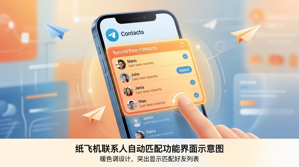 纸飞机联系人同步功能的界面示意图,突出显示已自动匹配到的好友列表,暖色调设计