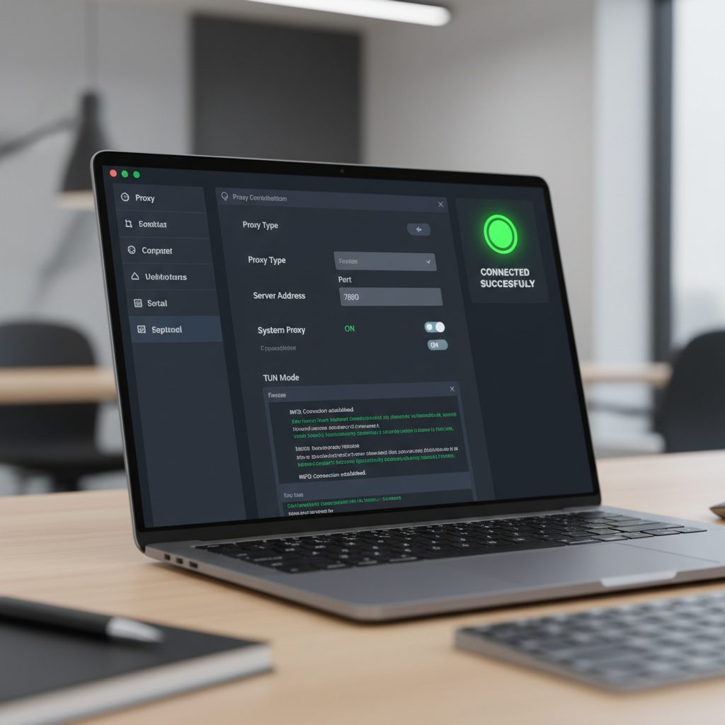 一个电脑屏幕显示代理软件的配置界面,红色的状态图标变为绿色连接成功,排版清晰