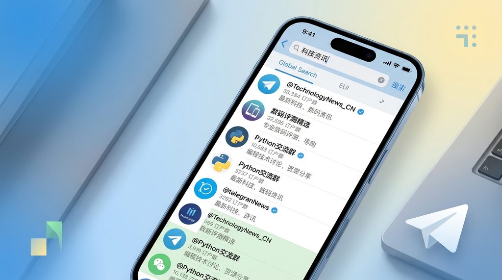 手机屏幕显示纸飞机搜索界面,搜索栏输入关键词后弹出多个频道列表,界面简洁明了