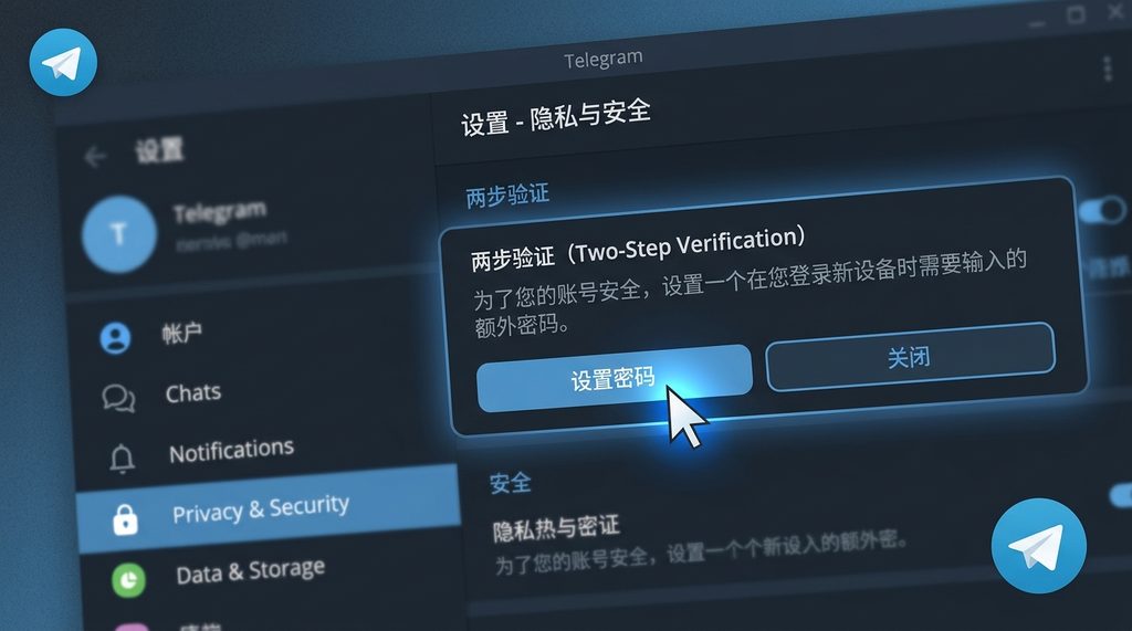 纸飞机客户端设置界面中“两步验证”选项的特写,光标悬停在设置按钮上,强调安全防护设置