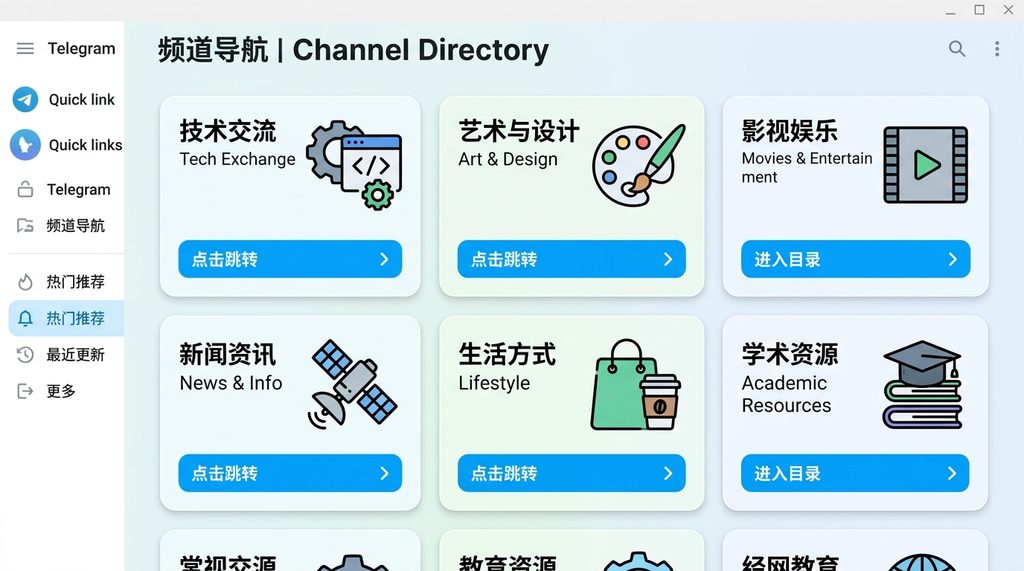 一个清晰的频道分类目录截图,界面上有多个带图标的分类入口,如技术、艺术、生活等,风格现代简约