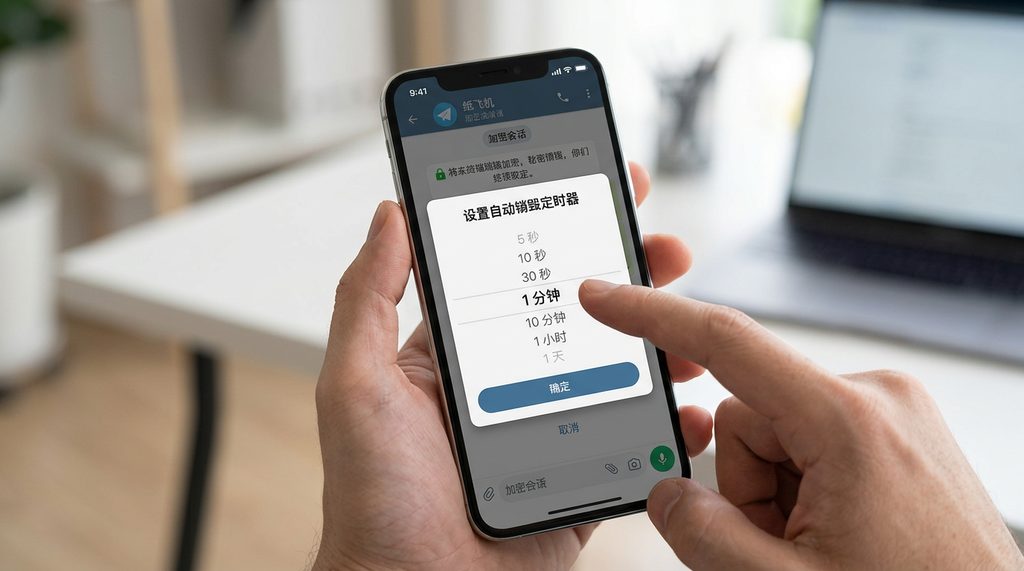 纸飞机加密对话界面,弹出的自动销毁计时器设置面板,用户正在手动调整倒计时数值,清晰直观