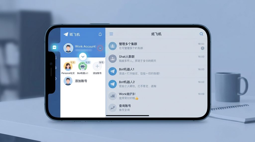 手机截屏展示纸飞机应用侧边栏，点击箭头弹出多个头像切换账号的操作界面，简洁明了的UI风格