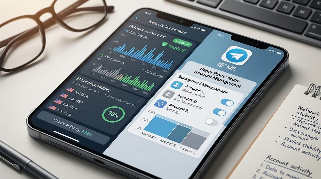 手机设置界面，展示网络连接状态与纸飞机应用后台运行管理，专业且严谨的视觉风格