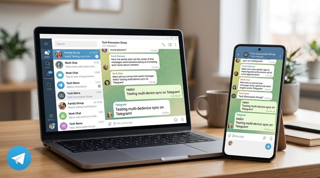 展示手机和电脑同时登录纸飞机界面的实拍图,屏幕内容实时同步显示