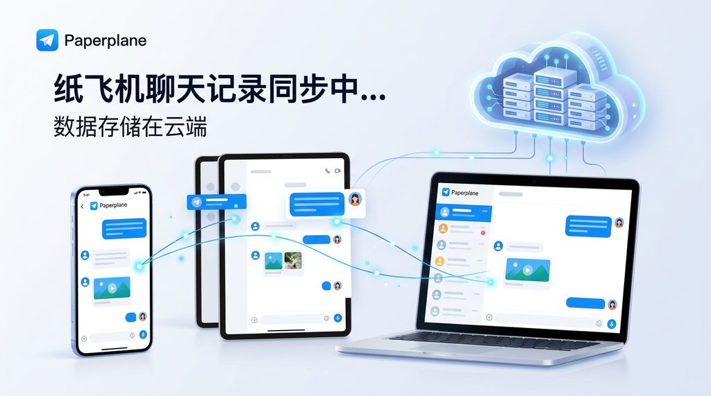 展示用户在手机、平板和电脑三端同时登录纸飞机界面的示意图，界面简洁，突出数据同步的连贯性