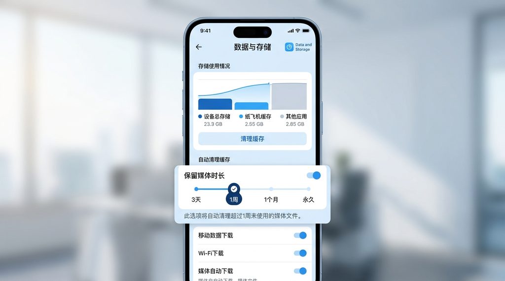 纸飞机App设置页面中“数据与存储”选项的截图，突出显示缓存空间管理和自动清理设置的界面