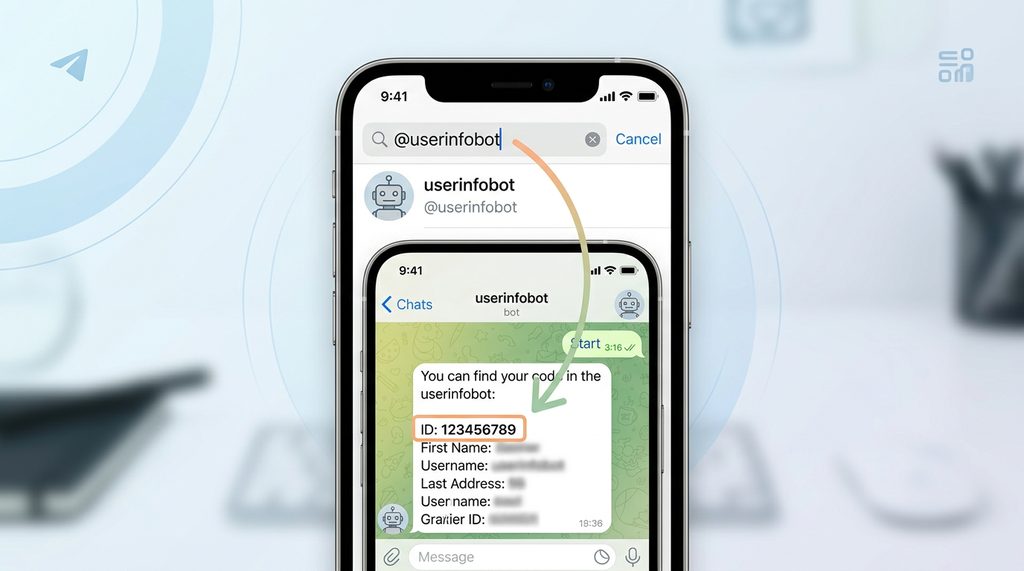 纸飞机软件界面,展示在搜索栏输入@userinfobot并获取ID信息的手机屏幕截图