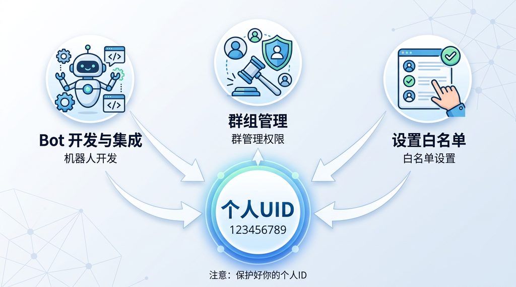 一张简洁的信息图,列出机器人开发、群管理权限、白名单设置三个图标,指向中心数字UID标识