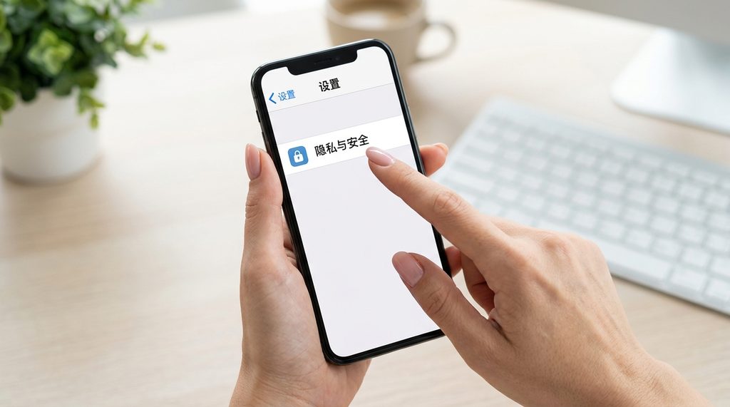 用户在智能手机上操作纸飞机APP的设置界面，指尖指向隐私与安全菜单，背景清晰简洁