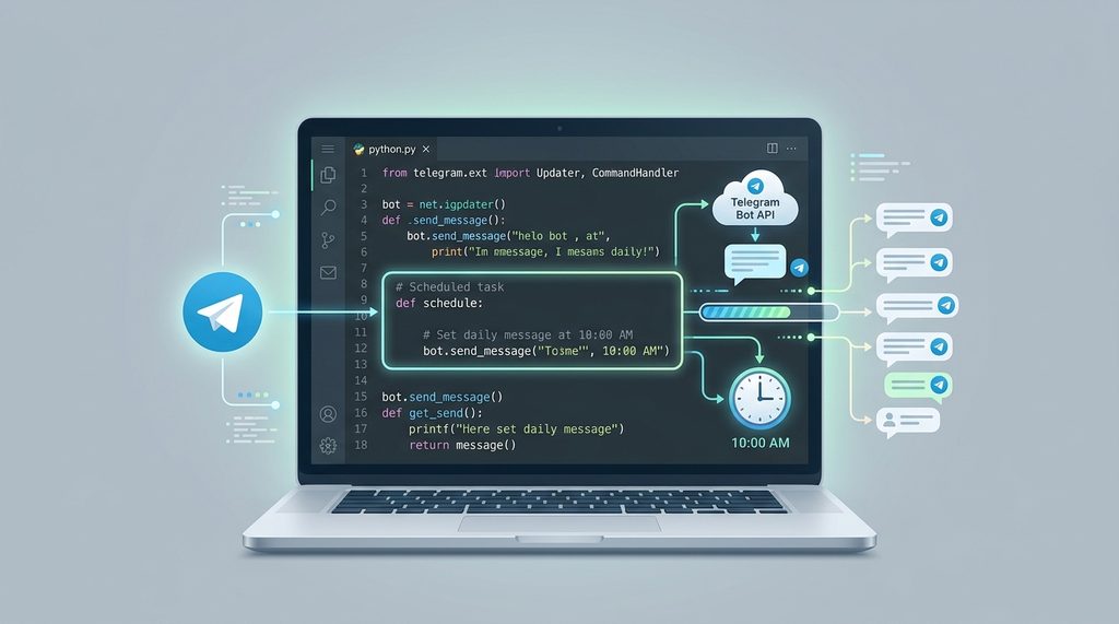 一张展示 Python 代码编辑界面与纸飞机 Bot 接口交互的示意图,背景简洁,重点突出代码中的定