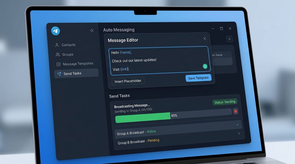 一款桌面端自动化运营工具的操作界面,显示着消息编辑框和自动发送任务的进度条,界面干净整洁