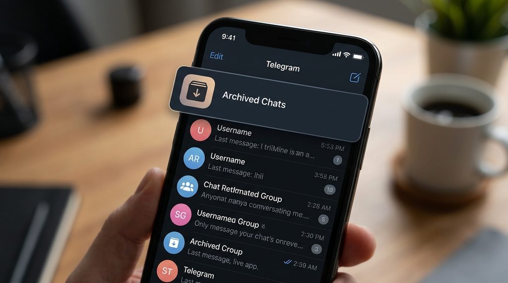 纸飞机聊天主界面截图,上方明显的“归档”文件夹图标,简洁的深色模式UI