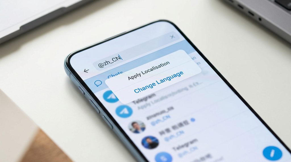 手机屏幕显示纸飞机软件搜索栏,输入@zh_CN并弹出中文汉化包选项的界面,色彩简洁明亮
