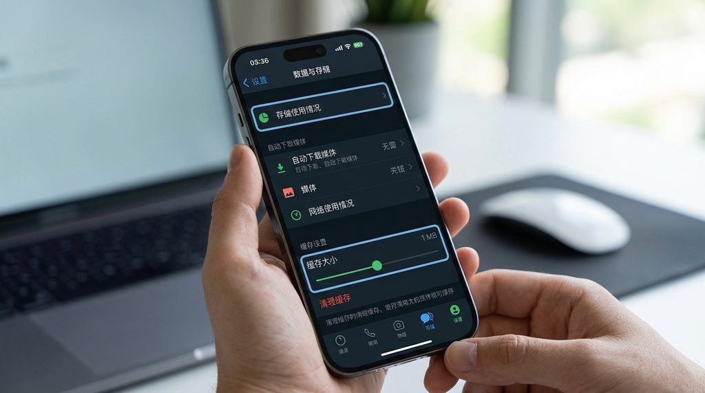 纸飞机数据与存储设置菜单的特写,突出显示“存储使用情况”和“清理缓存”选项的专业操作界面