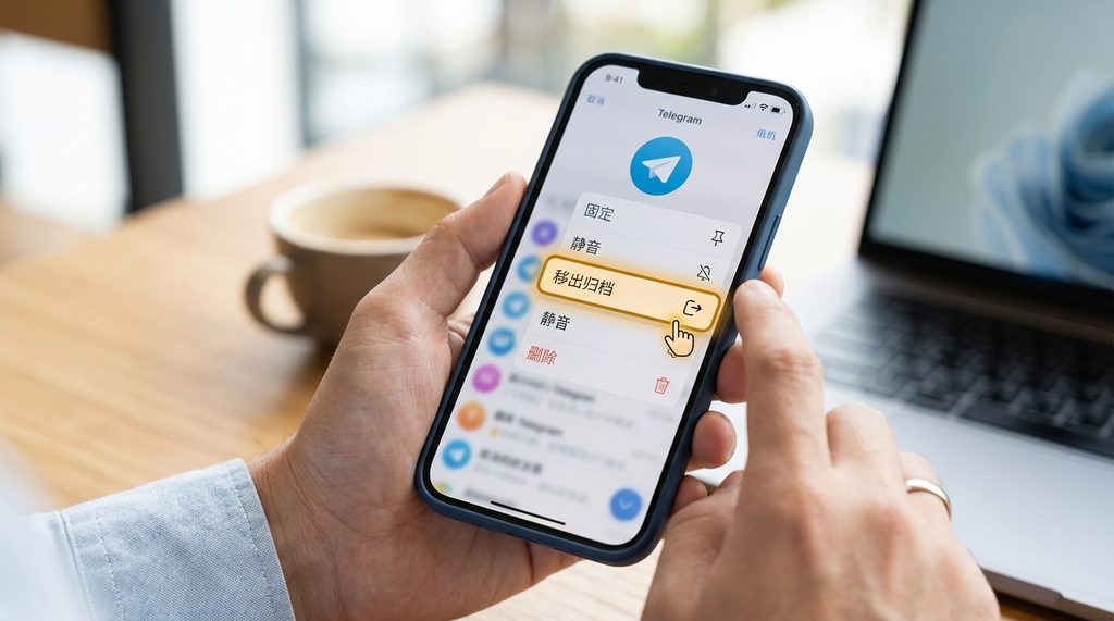用户手持智能手机操作纸飞机界面,手指正在滑动菜单,高亮标注“移出归档”选项