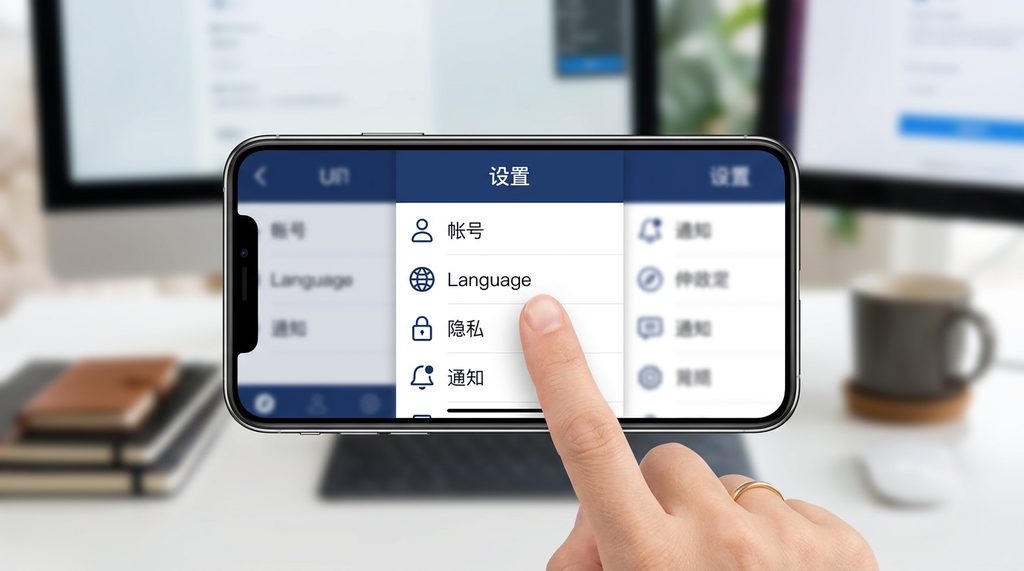 纸飞机软件的设置菜单页面,手指正指向Language语言选项,图标风格现代化