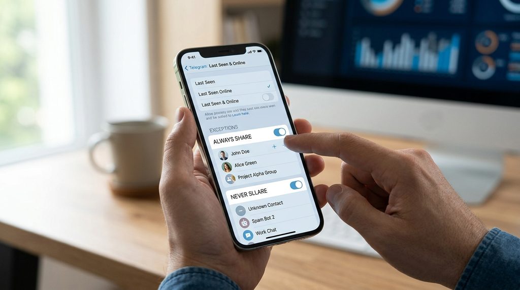 用户在手机上操作例外名单的界面,界面显示“总是允许”与“从不允许”的开关设置