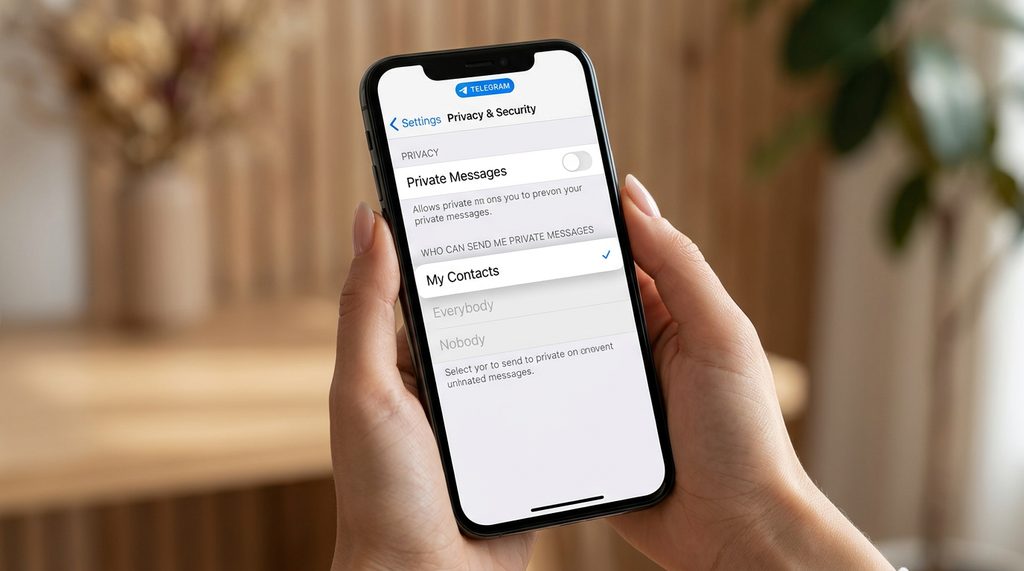 一个清晰的手机操作界面截图，展示了 Telegram 隐私设置菜单中将“谁可以向我发起私信”选项修改