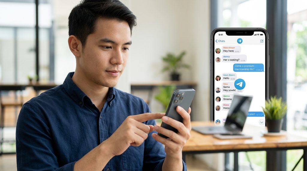 一个人在手机上流畅使用Telegram聊天界面，界面简洁且没有会员提示图标