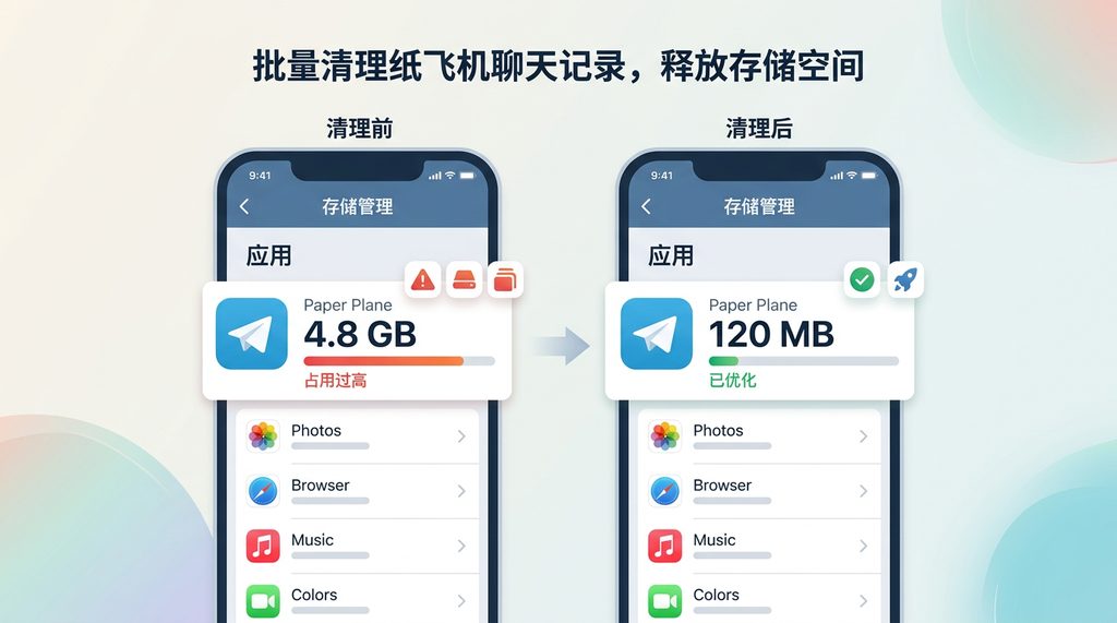 一张手机设置界面展示应用存储空间的对比图,左侧显示纸飞机占用过高,右侧显示清理后的释放效果,简洁扁平