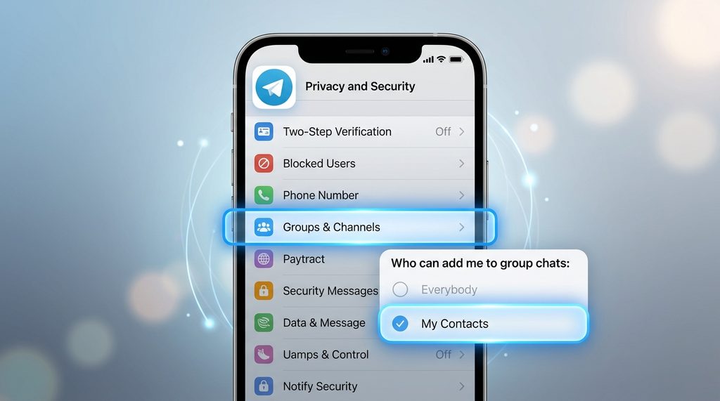纸飞机软件隐私设置界面，高亮显示“群组与频道”及“我的联系人”选项的手机截图