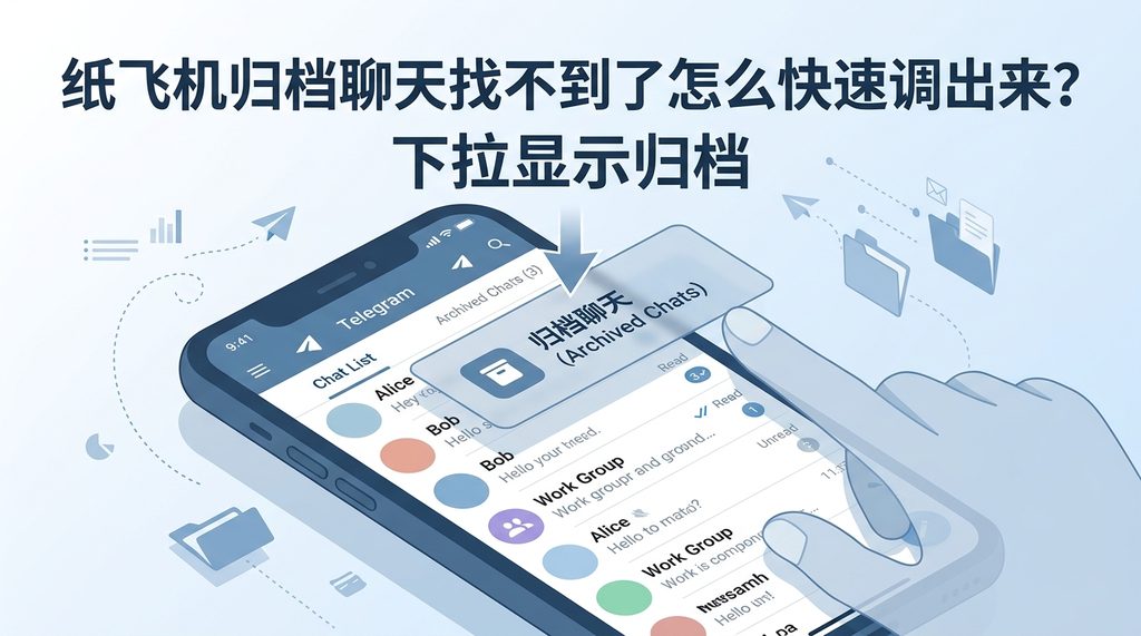 手机屏幕截图,展示在纸飞机聊天列表顶端下拉以显示归档文件夹的交互动作