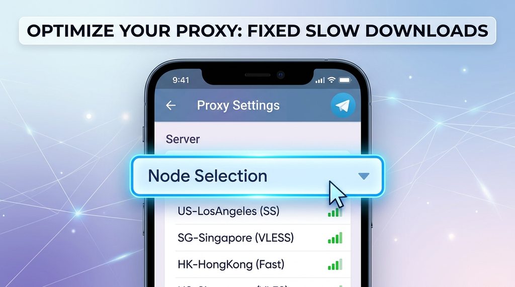 一台智能手机界面，显示纸飞机网络代理设置页，高亮标记节点选择菜单