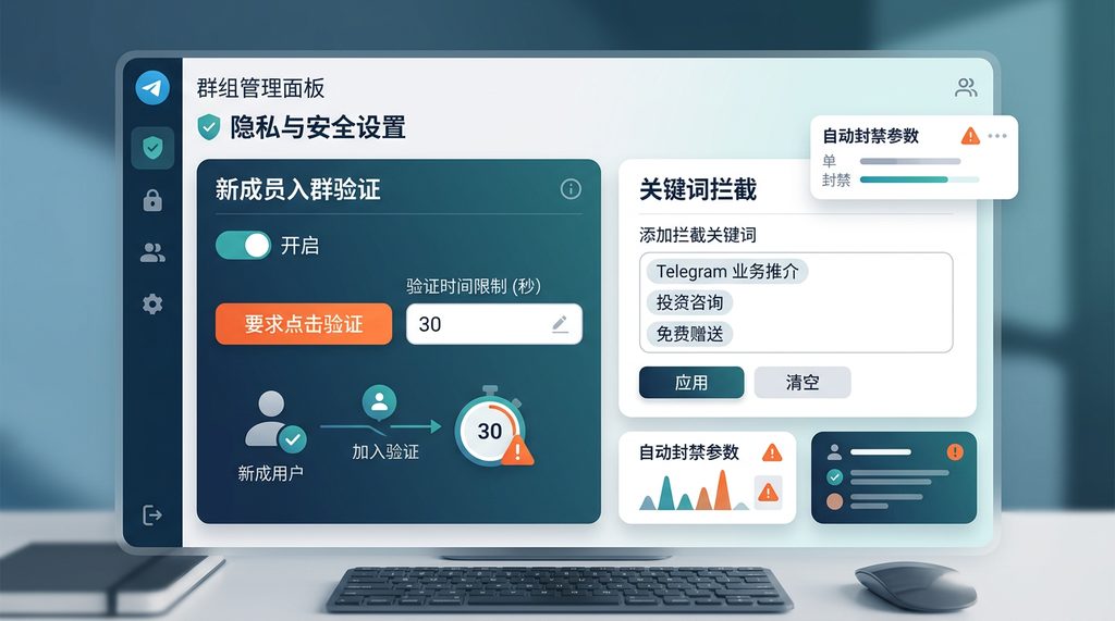 极简风格的社群管理面板，展示了管理员设置关键词拦截和入群验证逻辑的交互界面