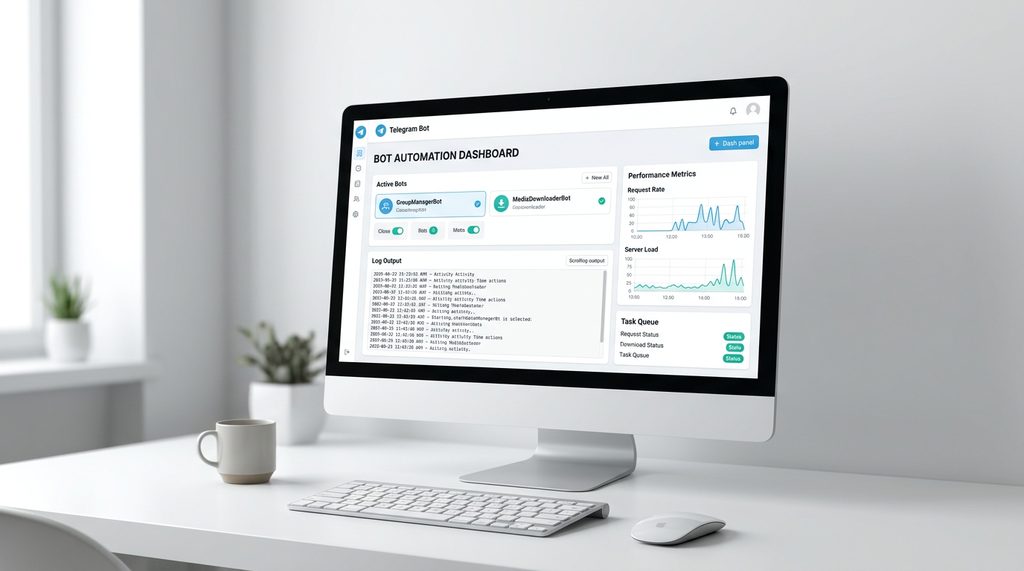 现代化的极简桌面显示器，屏幕上展示着Telegram Bot的自动化运行后台界面