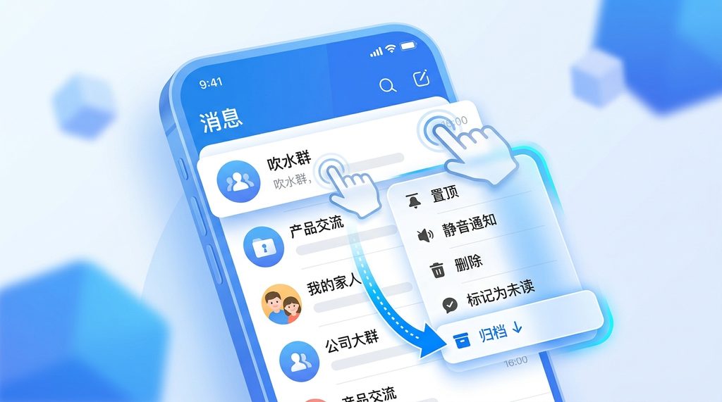 纸飞机聊天主界面长按弹出操作菜单，指引点击“归档”选项的交互动画示意图