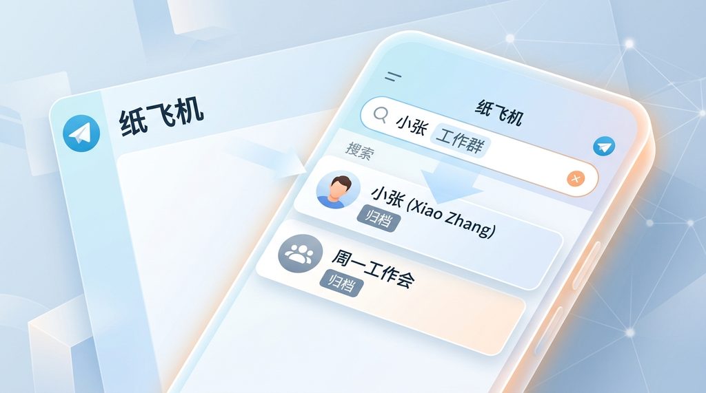 纸飞机搜索界面,展示搜索关键词后在搜索结果中显示归档标志的细节