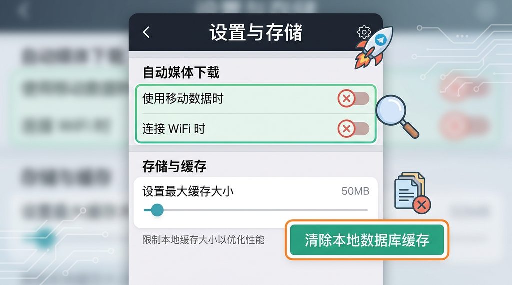 纸飞机软件的数据与存储设置页面截图，突出显示自动下载与缓存控制开关