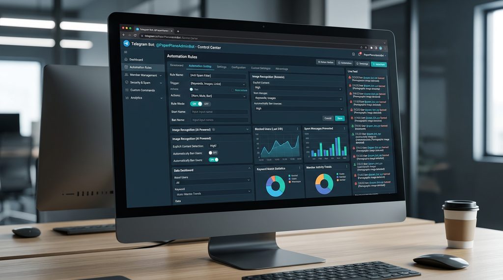 复杂的 Telegram 机器人后台管理设置页面,带有大量的自动化规则选项和数据看板