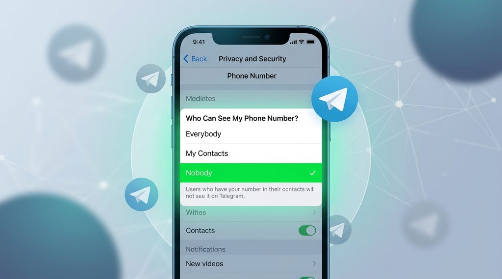 纸飞机应用程序的隐私设置界面,显示手机号码可见性选择菜单,高亮选中无人可见选项