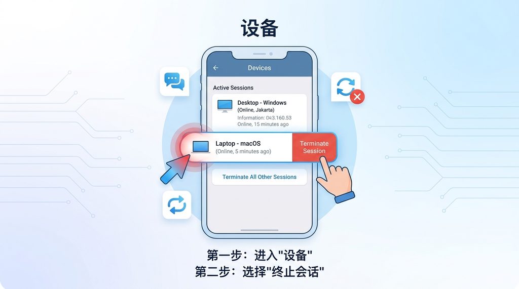手机端的纸飞机设置界面,正在显示设备列表并点击终止会话的示意图,简洁明了的UI设计