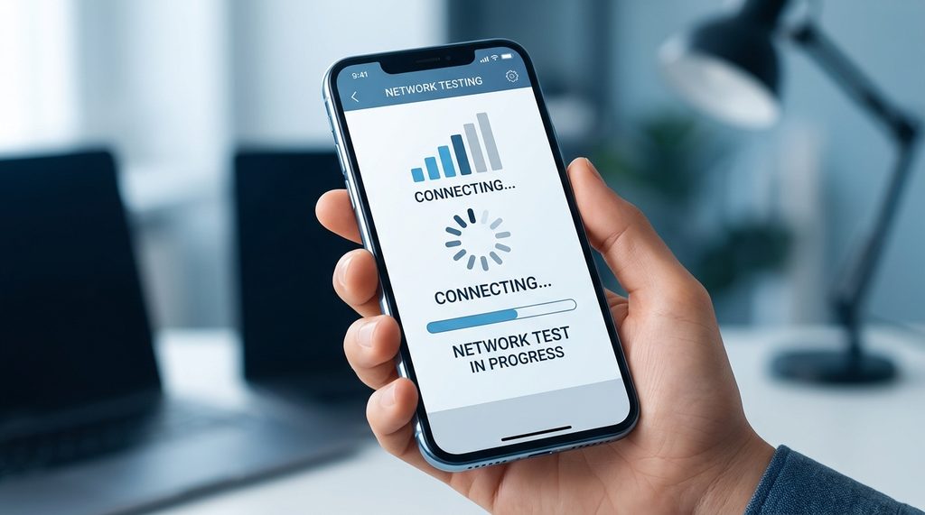 一台智能手机屏幕显示正在进行网络连接测试的界面,界面简洁,背景模糊处理