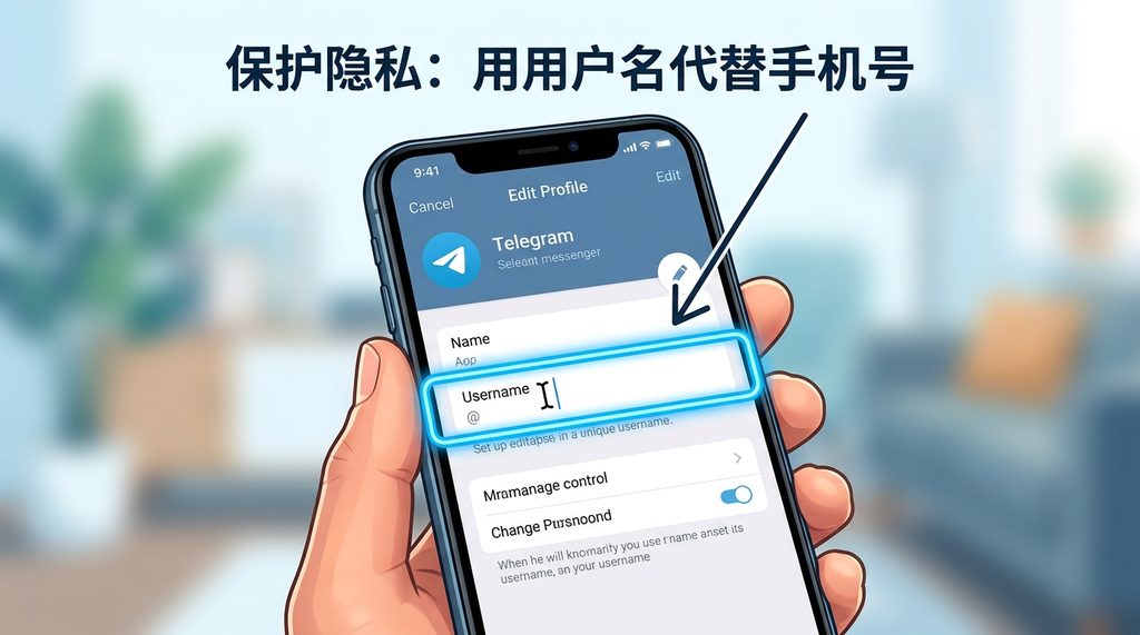 手机屏幕展示纸飞机个人资料设置页面,重点突出用户名设置输入框
