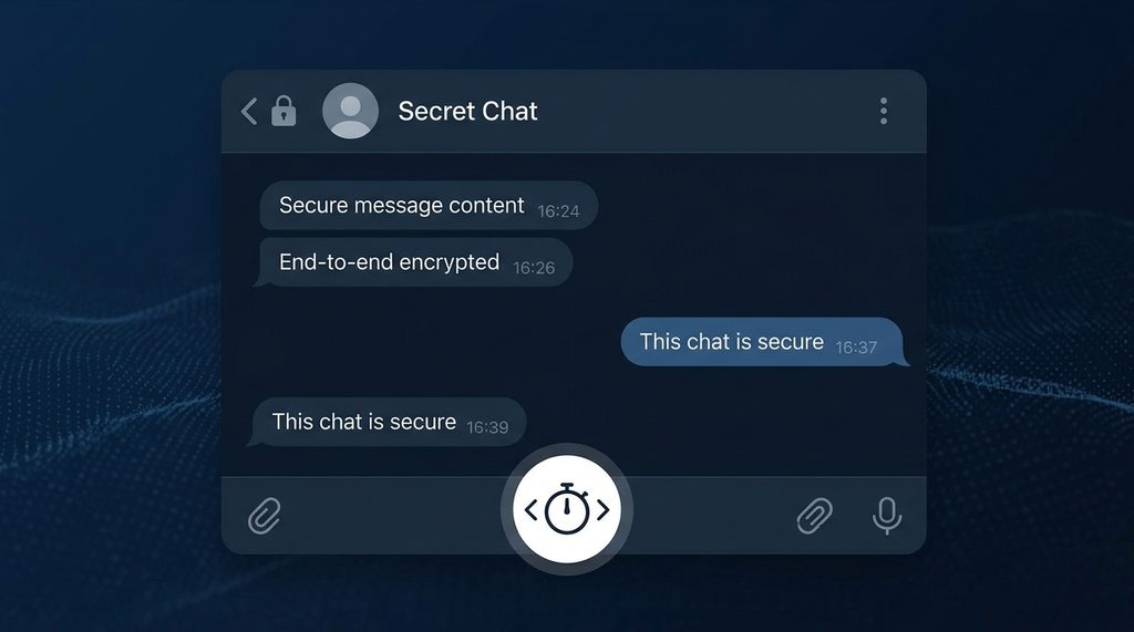 纸飞机加密聊天界面,底部显示阅后即焚时间设置图标,深色调背景,极简风格